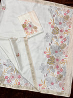 Evanik Off White Tussar Cotton With Hand Mirror Work Saree With Unstitched Blouse | Grocsy