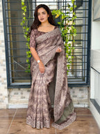 Evanik Brown Kashmiri Style Digital Printed Saree With Unstitched Blouse | Grocsy