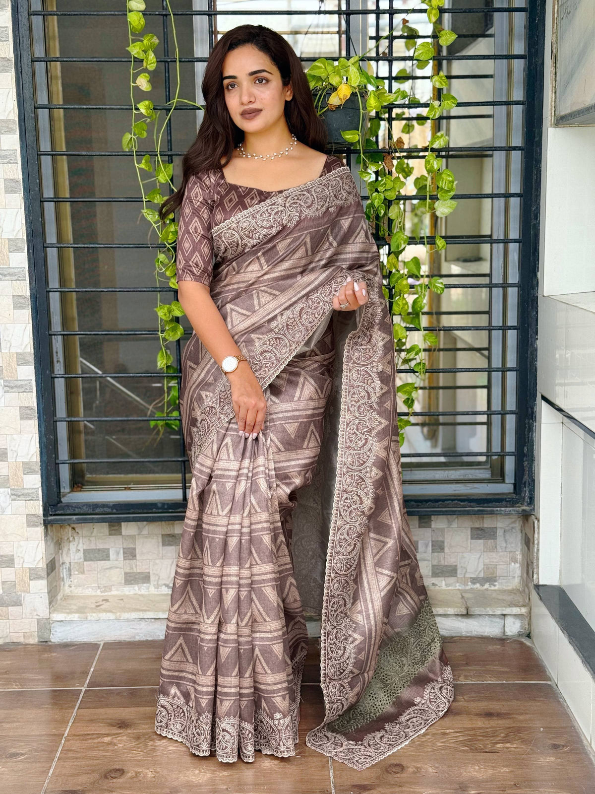 Evanik Brown Kashmiri Style Digital Printed Saree With Unstitched Blouse | Grocsy