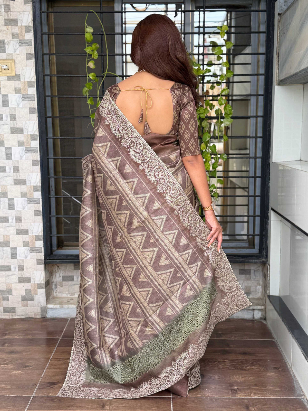 Evanik Brown Kashmiri Style Digital Printed Saree With Unstitched Blouse | Grocsy