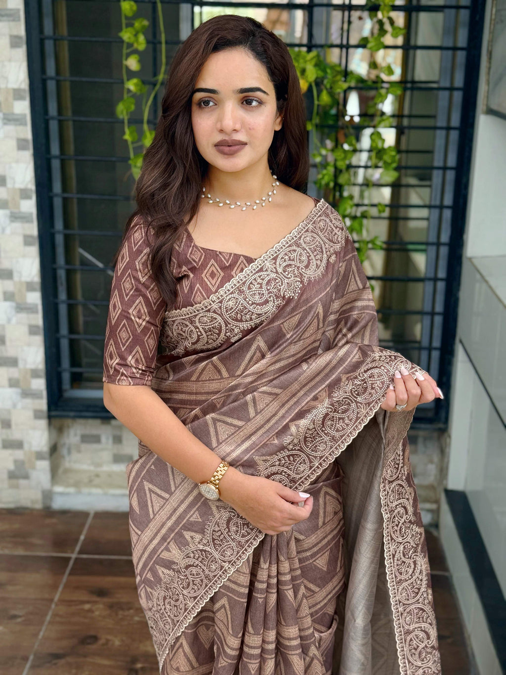 Evanik Brown Kashmiri Style Digital Printed Saree With Unstitched Blouse | Grocsy