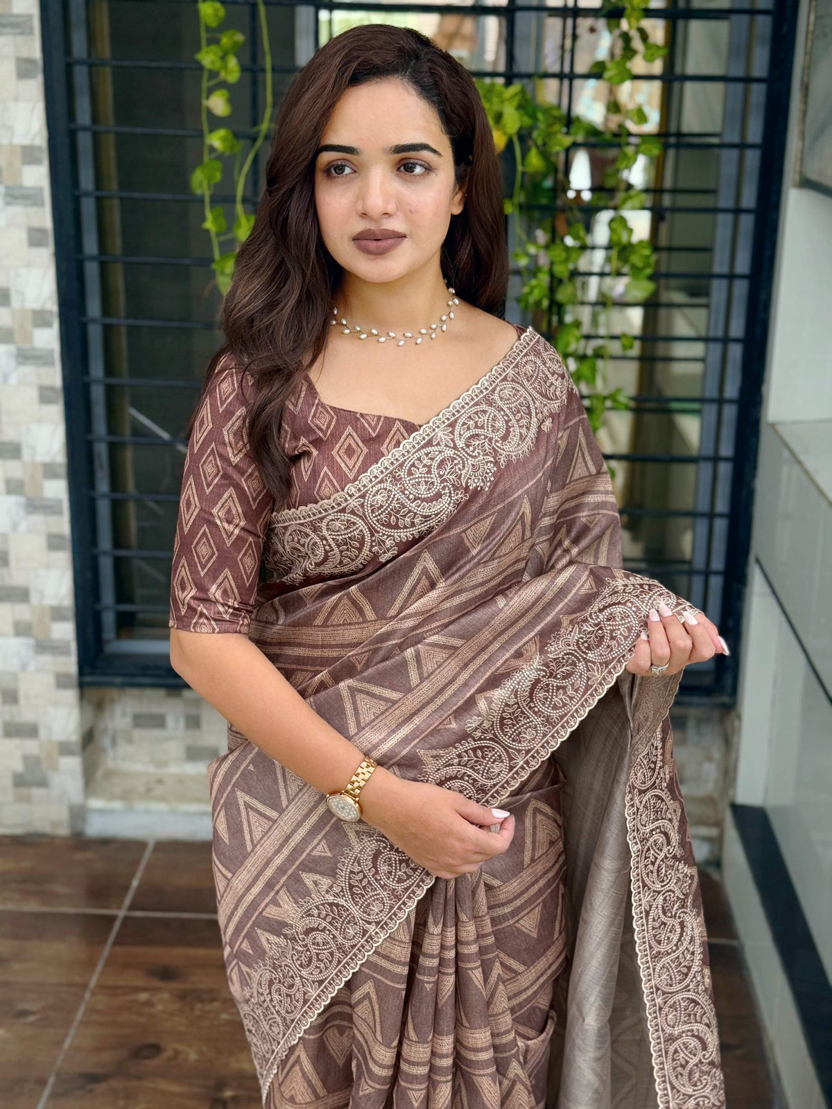 Evanik Brown Kashmiri Style Digital Printed Saree With Unstitched Blouse | Grocsy