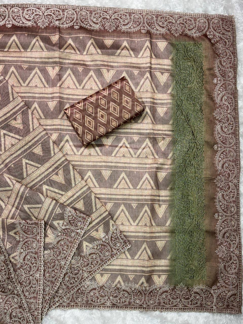 Evanik Brown Kashmiri Style Digital Printed Saree With Unstitched Blouse | Grocsy