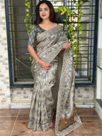 Evanik Grey Kashmiri Style Digital Printed Saree With Unstitched Blouse | Grocsy