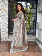 Evanik Grey Kashmiri Style Digital Printed Saree With Unstitched Blouse | Grocsy