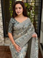 Evanik Grey Kashmiri Style Digital Printed Saree With Unstitched Blouse | Grocsy