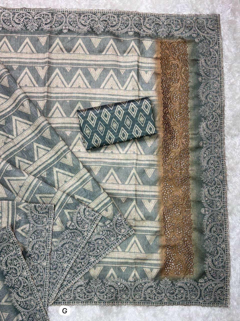 Evanik Grey Kashmiri Style Digital Printed Saree With Unstitched Blouse | Grocsy