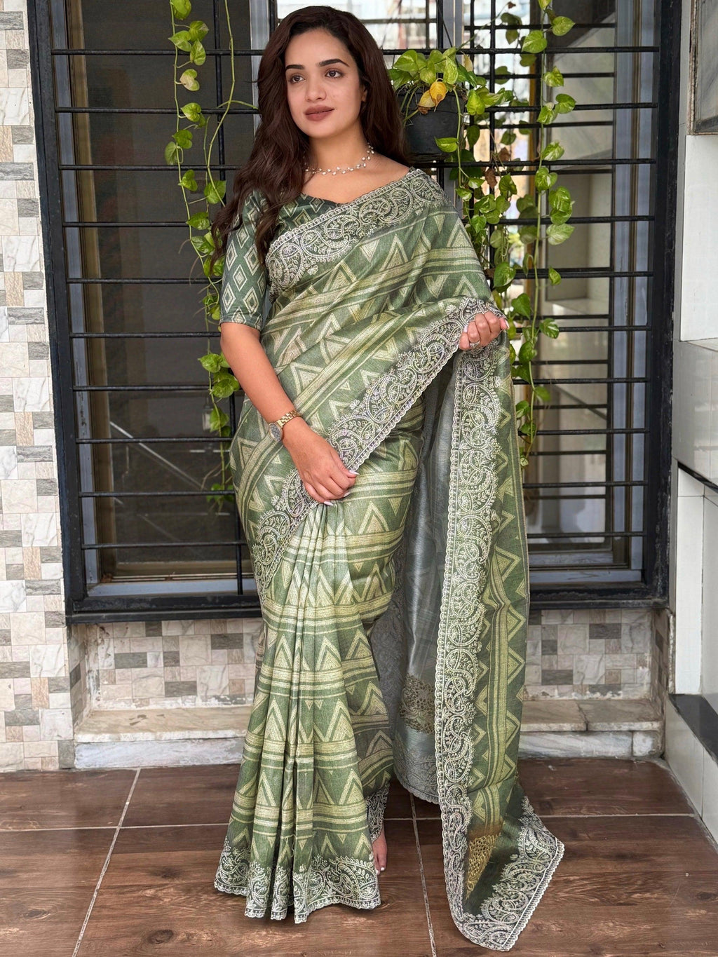 Evanik Pista Kashmiri Style Digital Printed Saree With Unstitched Blouse | Grocsy