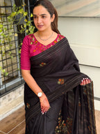 Evanik Black Kashmiri Style Thread Embroidered Work Saree With Unstitched Blouse | Grocsy
