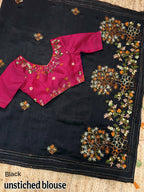 Evanik Black Kashmiri Style Thread Embroidered Work Saree With Unstitched Blouse | Grocsy