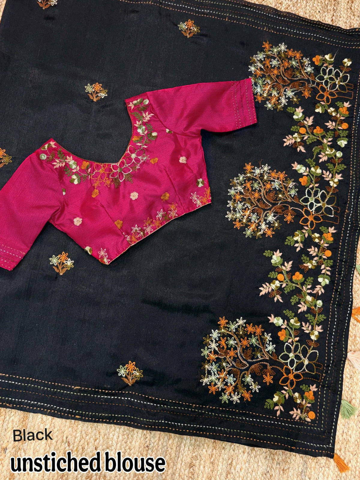Evanik Black Kashmiri Style Thread Embroidered Work Saree With Unstitched Blouse | Grocsy