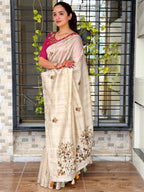 Evanik Cream Kashmiri Style Thread Embroidered Work Saree With Unstitched Blouse | Grocsy