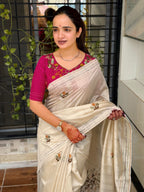 Evanik Cream Kashmiri Style Thread Embroidered Work Saree With Unstitched Blouse | Grocsy