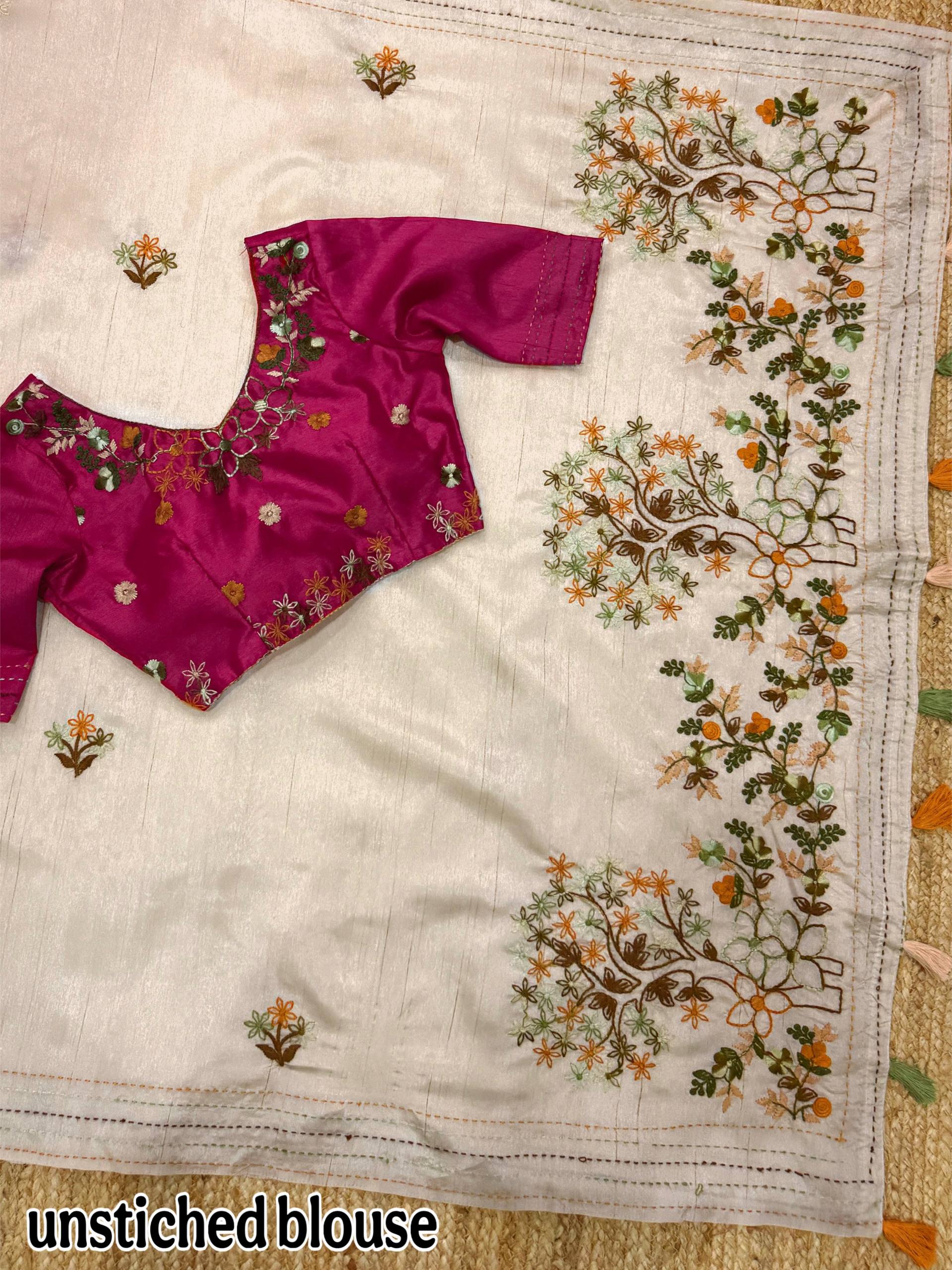 Evanik Cream Kashmiri Style Thread Embroidered Work Saree With Unstitched Blouse | Grocsy