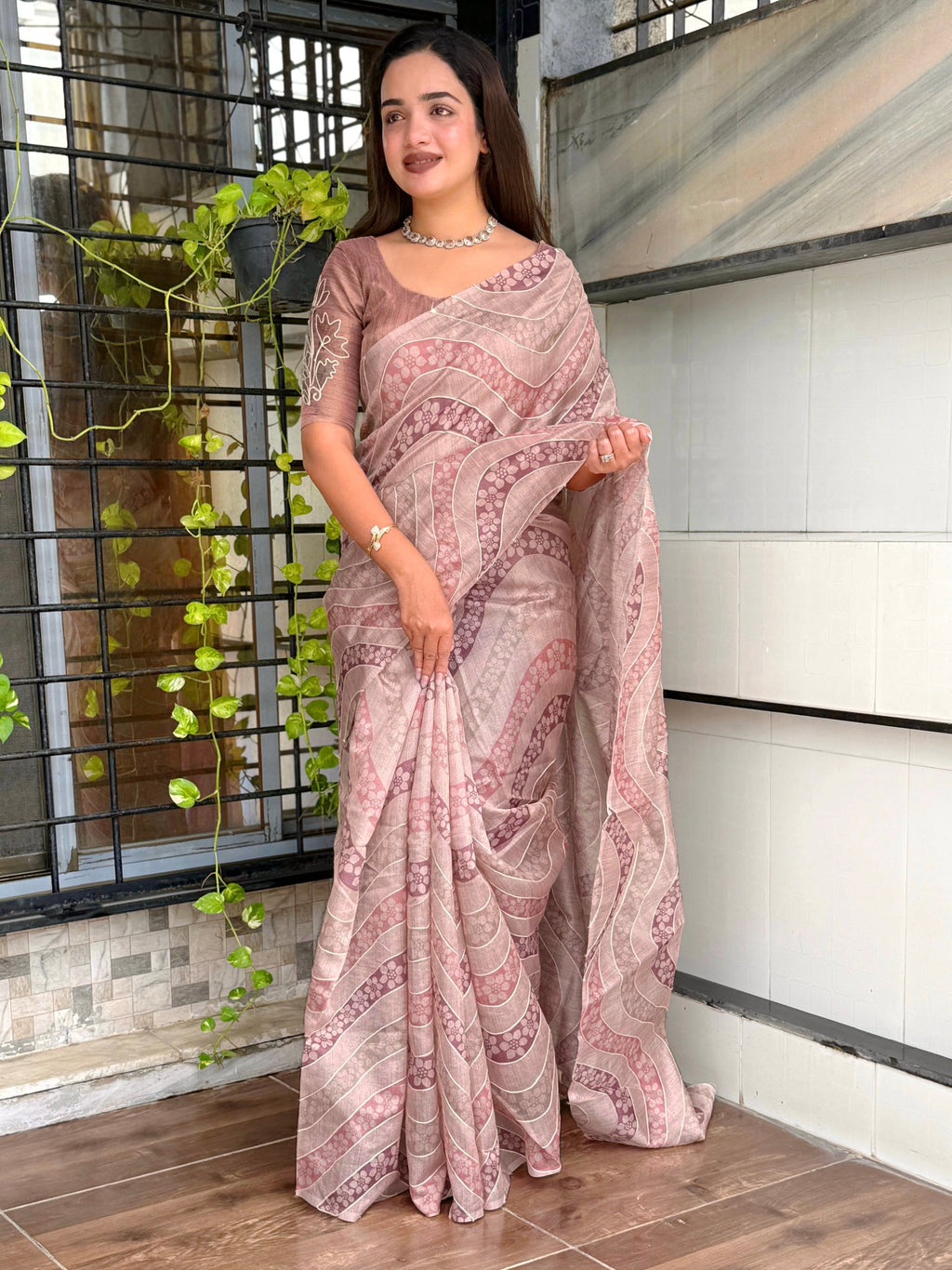 Evanik Designer Onion Pink Printed With Thread Kantha Work Saree With Blouse | Grocsy