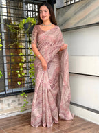 Evanik Designer Onion Pink Printed With Thread Kantha Work Saree With Blouse | Grocsy