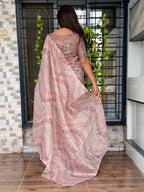 Evanik Designer Onion Pink Printed With Thread Kantha Work Saree With Blouse | Grocsy
