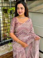 Evanik Designer Onion Pink Printed With Thread Kantha Work Saree With Blouse | Grocsy
