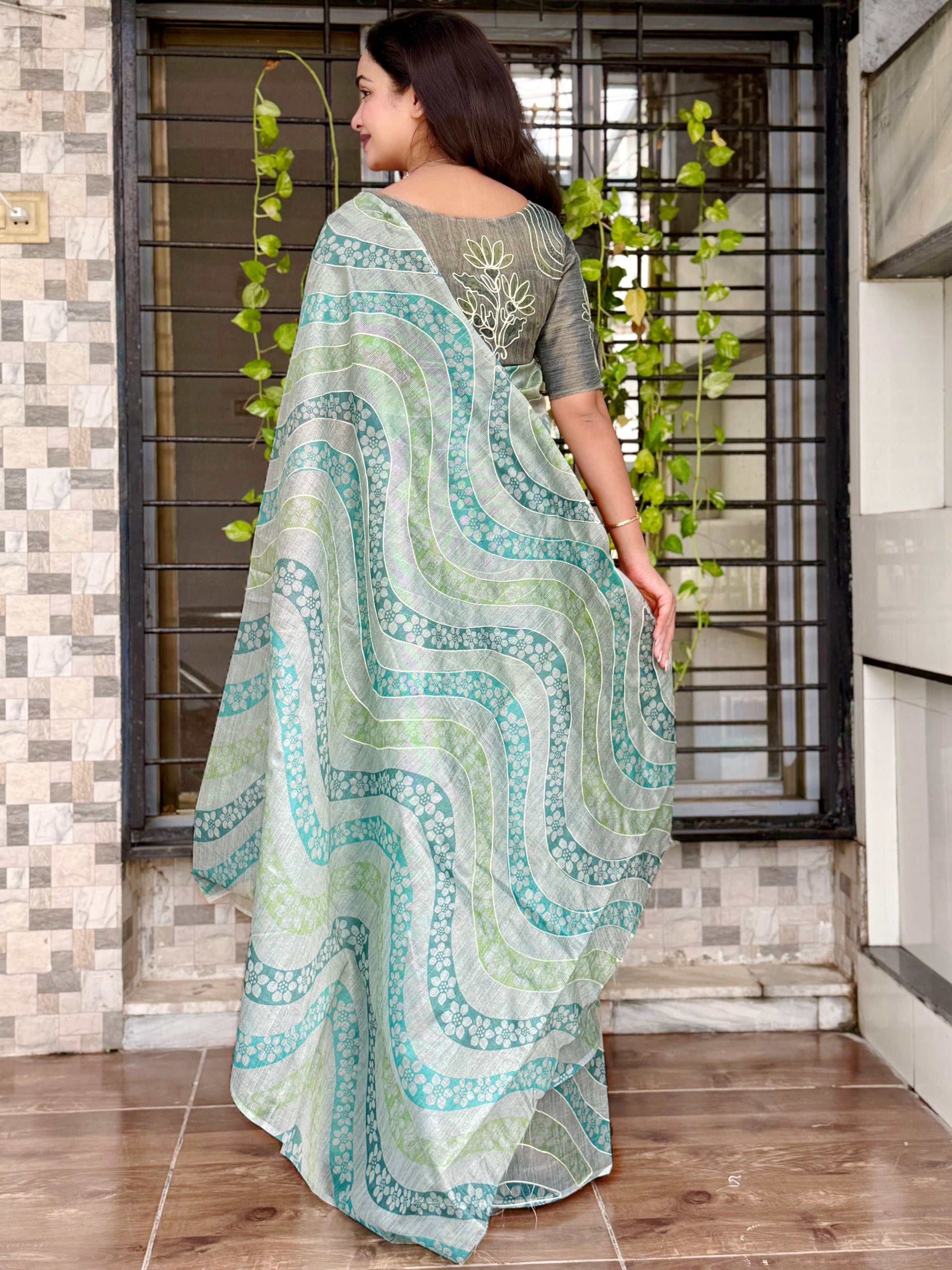 Evanik Designer Skyblue Printed With Thread Kantha Work Saree With Blouse | Grocsy