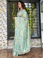 Evanik Designer Skyblue Printed With Thread Kantha Work Saree With Blouse | Grocsy