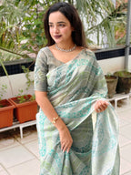 Evanik Designer Skyblue Printed With Thread Kantha Work Saree With Blouse | Grocsy