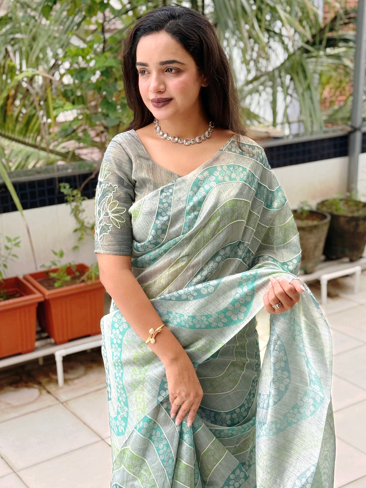 Evanik Designer Skyblue Printed With Thread Kantha Work Saree With Blouse | Grocsy
