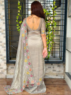 Evanik Grey Sufi Silk Crush With thread & Beads Work Party Wear Saree With Blouse | Grocsy