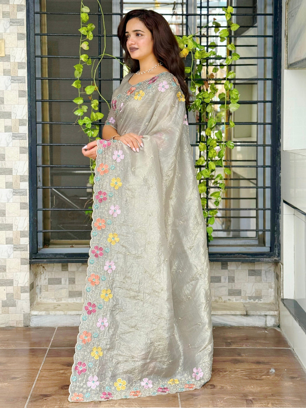 Evanik Grey Sufi Silk Crush With thread & Beads Work Party Wear Saree With Blouse | Grocsy