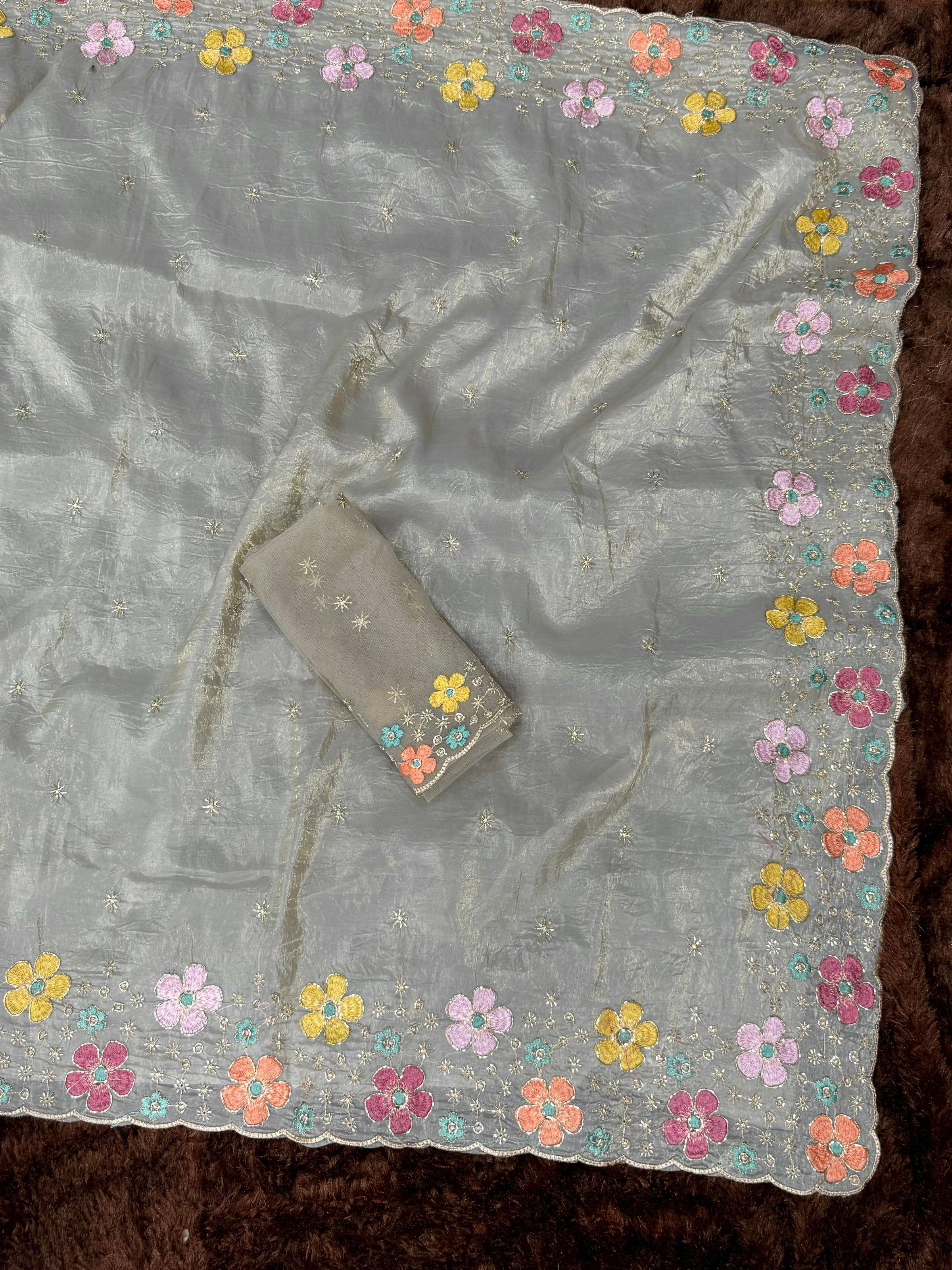 Evanik Grey Sufi Silk Crush With thread & Beads Work Party Wear Saree With Blouse | Grocsy