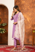 Lorenvalley Fashion Lavender Marina Silk Multi Embroidery Thread with Hand work Kurta Pant Dupatta | Grocsy