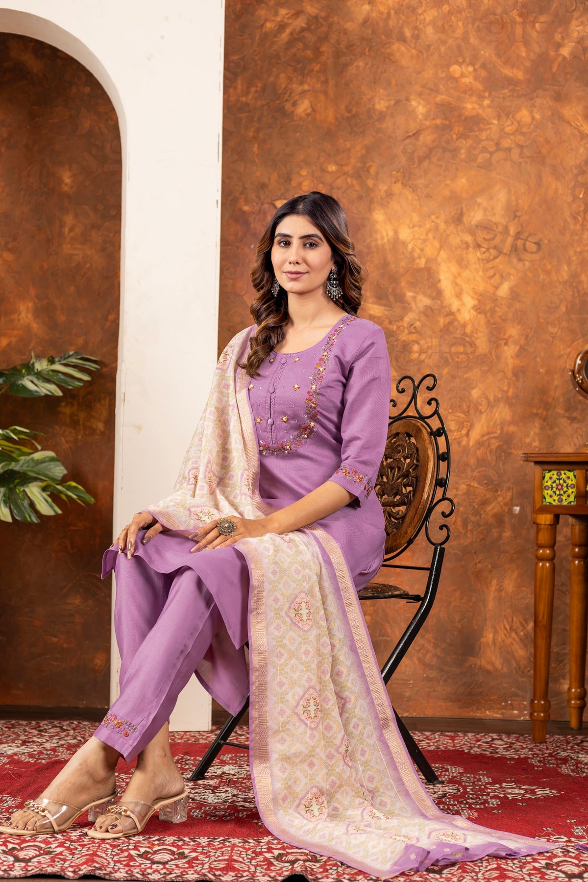 Lorenvalley Fashion Lavender Marina Silk Multi Embroidery Thread with Hand work Kurta Pant Dupatta | Grocsy