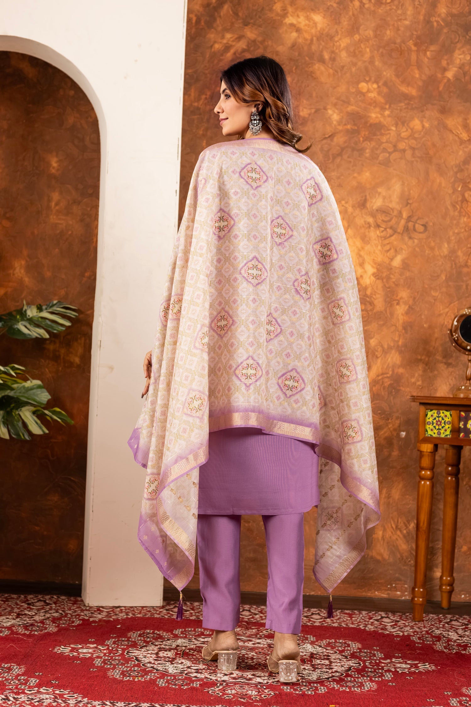 Lorenvalley Fashion Lavender Marina Silk Multi Embroidery Thread with Hand work Kurta Pant Dupatta | Grocsy