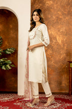 Lorenvalley Fashion Offwhite Marina Silk Multi Embroidery Thread with Hand work Kurta Pant Dupatta | Grocsy
