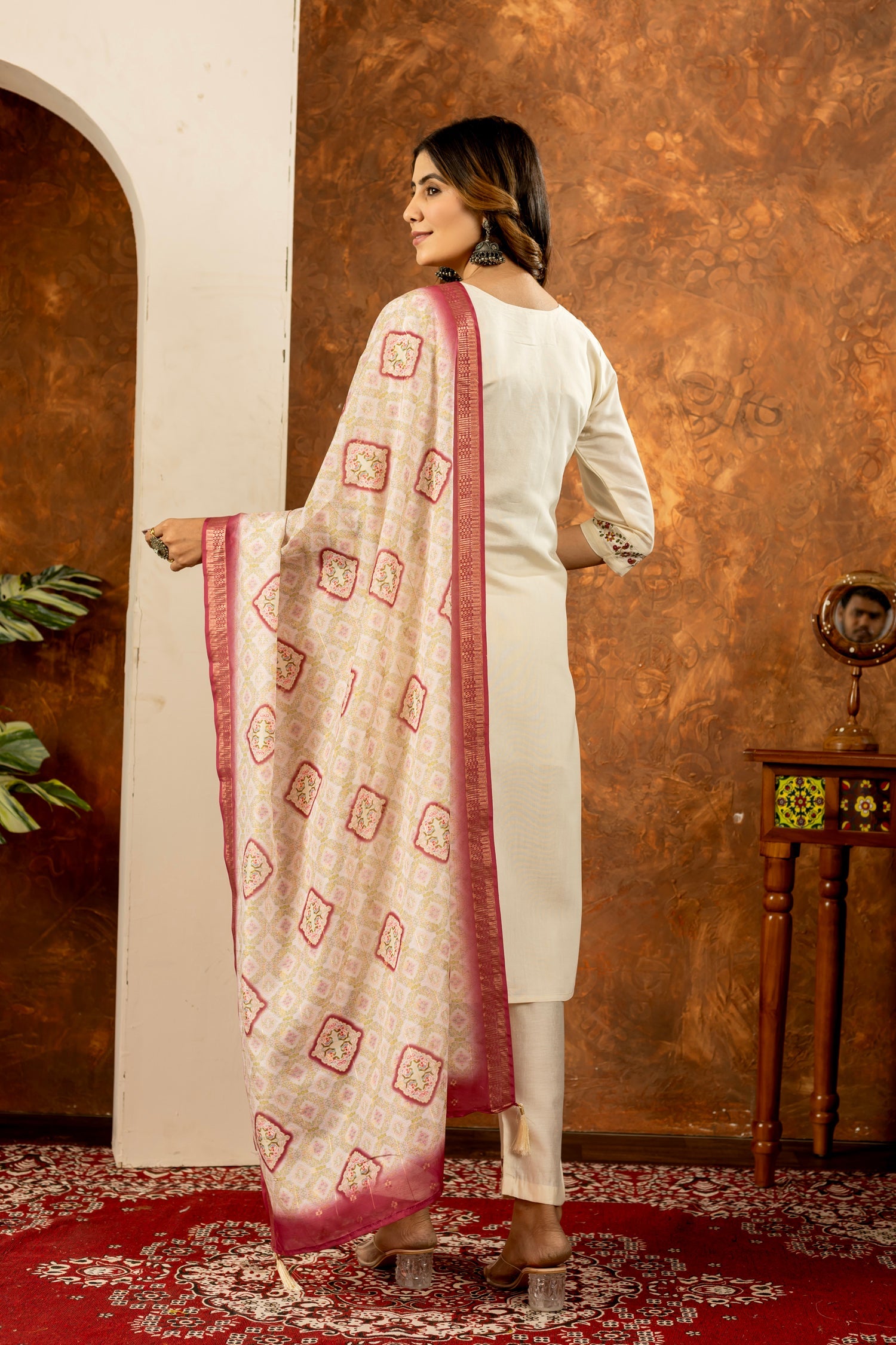 Lorenvalley Fashion Offwhite Marina Silk Multi Embroidery Thread with Hand work Kurta Pant Dupatta | Grocsy