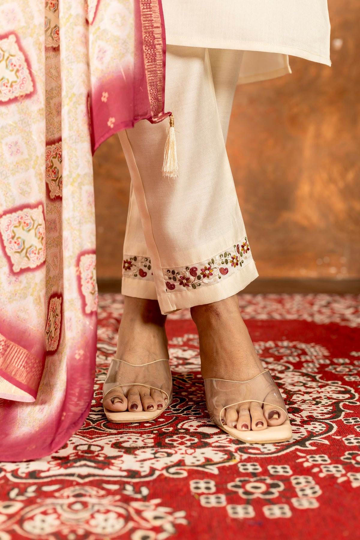 Lorenvalley Fashion Offwhite Marina Silk Multi Embroidery Thread with Hand work Kurta Pant Dupatta | Grocsy