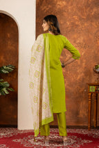 Lorenvalley Fashion Parrotgreen Marina Silk Multi Embroidery Thread with Hand work Kurta Pant Dupatta | Grocsy