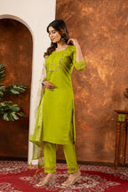 Lorenvalley Fashion Parrotgreen Marina Silk Multi Embroidery Thread with Hand work Kurta Pant Dupatta | Grocsy