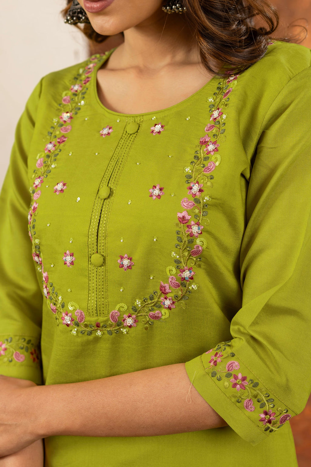 Lorenvalley Fashion Parrotgreen Marina Silk Multi Embroidery Thread with Hand work Kurta Pant Dupatta | Grocsy