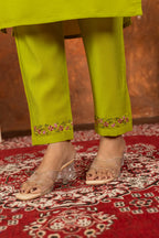 Lorenvalley Fashion Parrotgreen Marina Silk Multi Embroidery Thread with Hand work Kurta Pant Dupatta | Grocsy