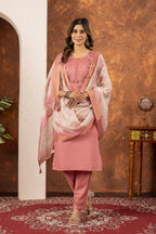 Lorenvalley Fashion Peach Marina Silk Multi Embroidery Thread with Hand work Kurta Pant Dupatta | Grocsy