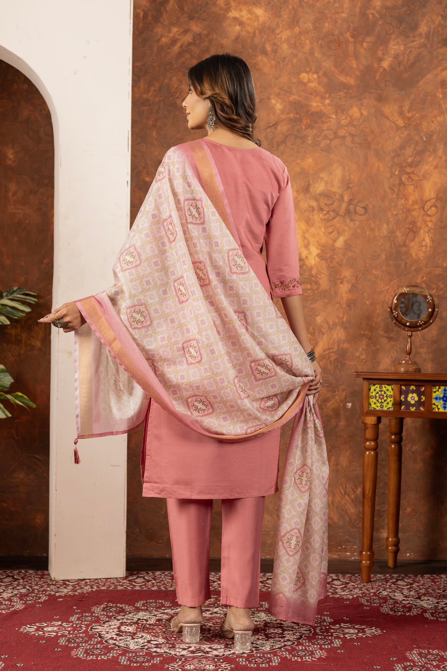 Lorenvalley Fashion Peach Marina Silk Multi Embroidery Thread with Hand work Kurta Pant Dupatta | Grocsy