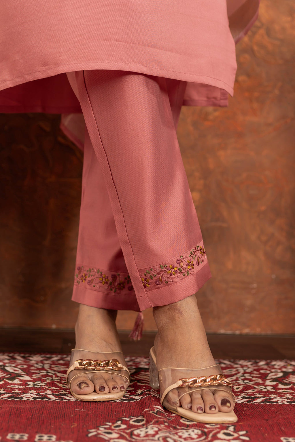 Lorenvalley Fashion Peach Marina Silk Multi Embroidery Thread with Hand work Kurta Pant Dupatta | Grocsy