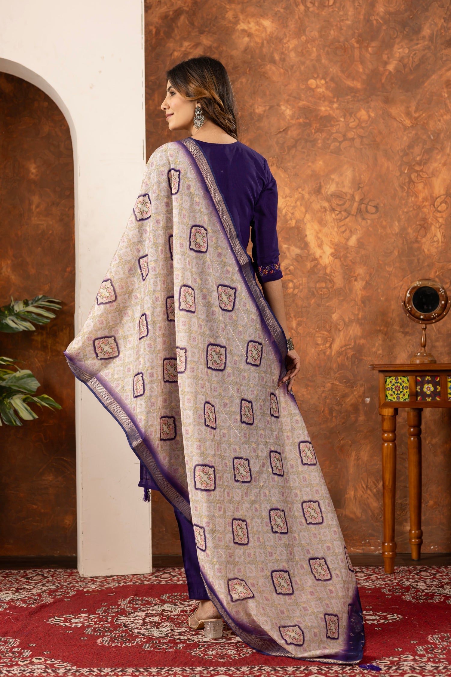 Lorenvalley Fashion Purple Marina Silk Multi Embroidery Thread with Hand work Kurta Pant Dupatta | Grocsy