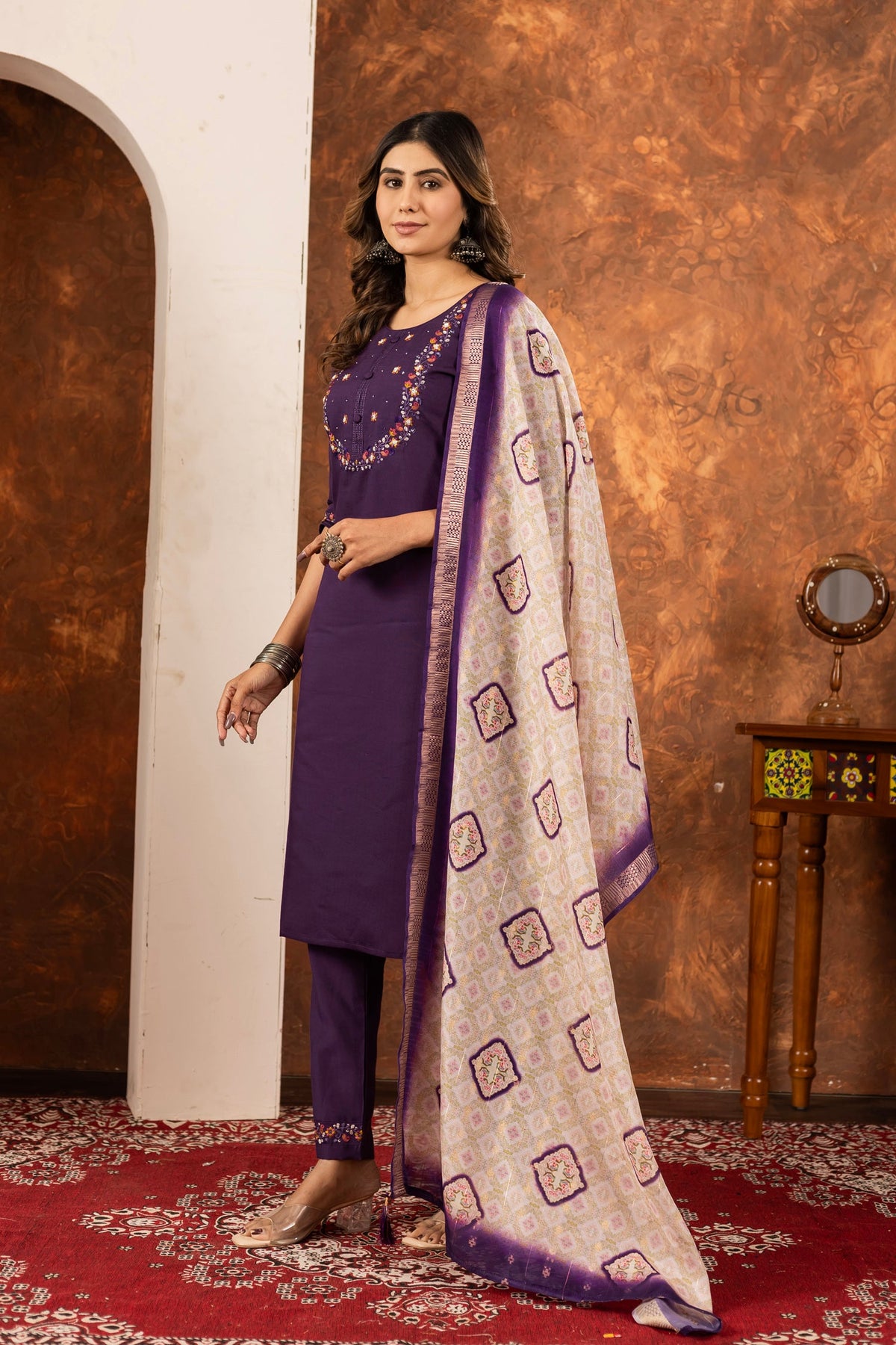 Lorenvalley Fashion Wine Marina Silk Multi Embroidery Thread with Hand work Kurta Pant Dupatta | Grocsy