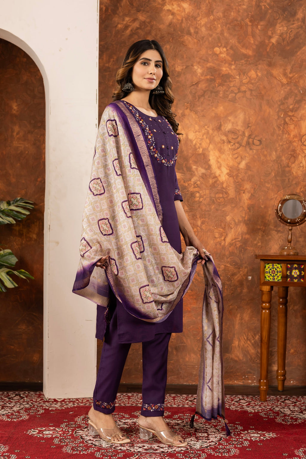 Lorenvalley Fashion Wine Marina Silk Multi Embroidery Thread with Hand work Kurta Pant Dupatta | Grocsy