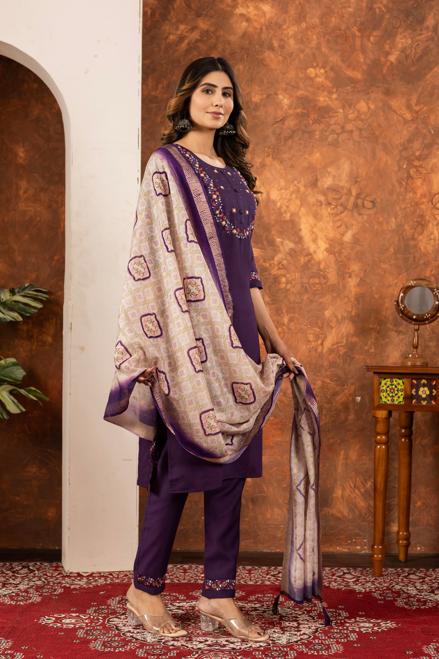 Lorenvalley Fashion Wine Marina Silk Multi Embroidery Thread with Hand work Kurta Pant Dupatta | Grocsy
