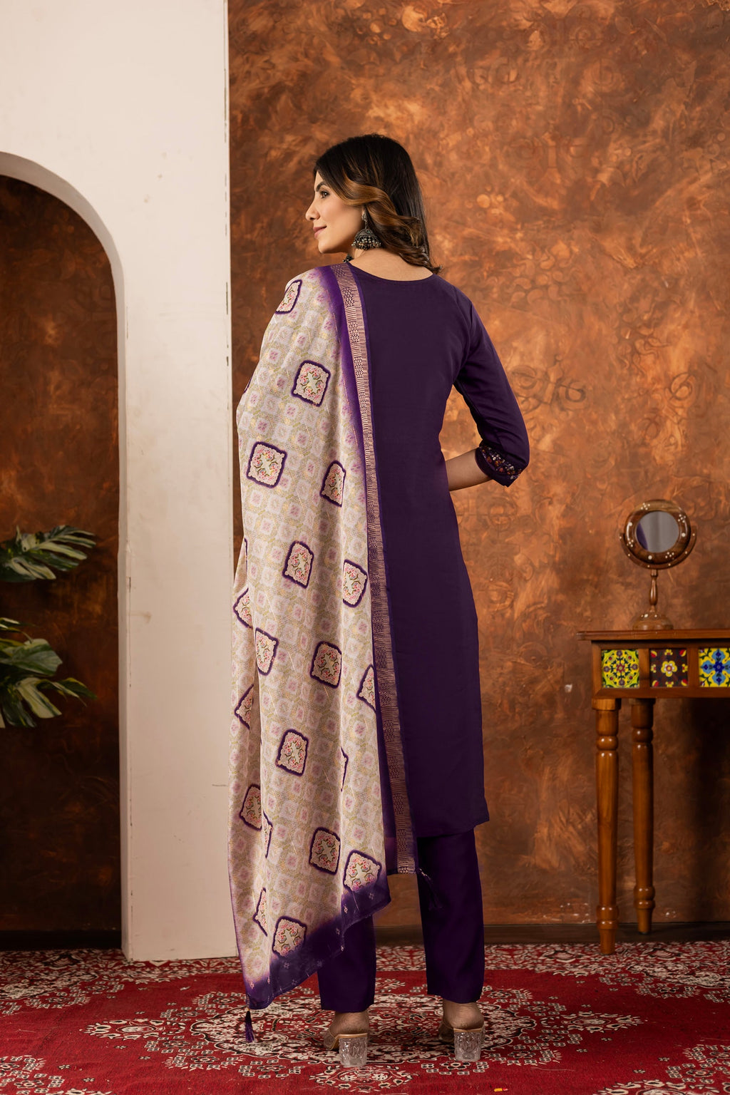 Lorenvalley Fashion Wine Marina Silk Multi Embroidery Thread with Hand work Kurta Pant Dupatta | Grocsy