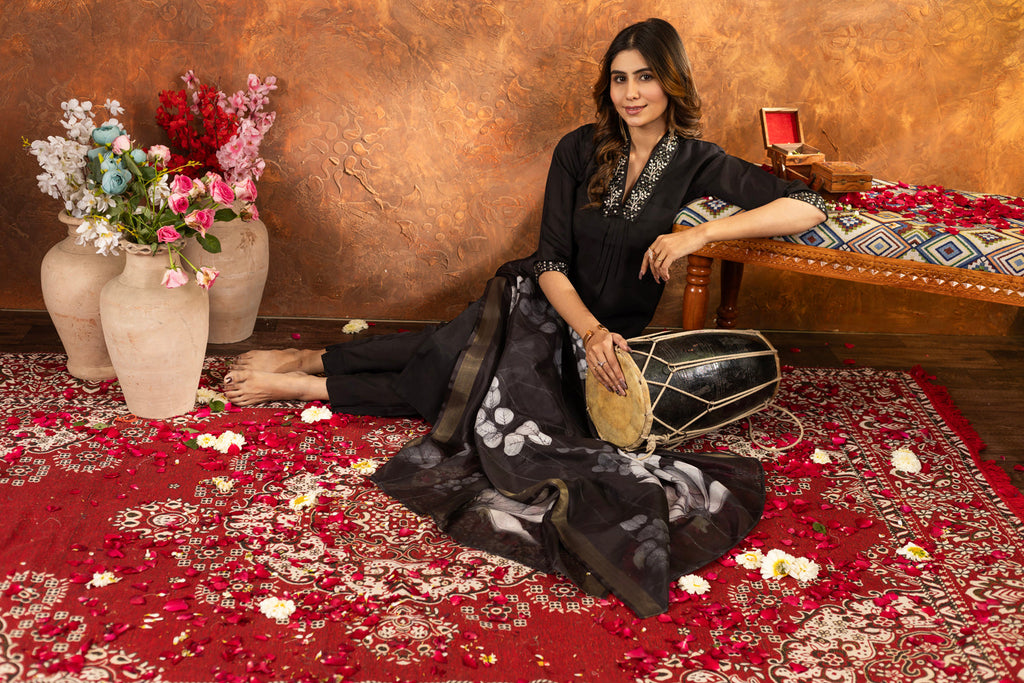 Lorenvalley Fashion Black Roman Silk Embroidery Sequins with Hand work Kurta Pant Dupatta | Grocsy