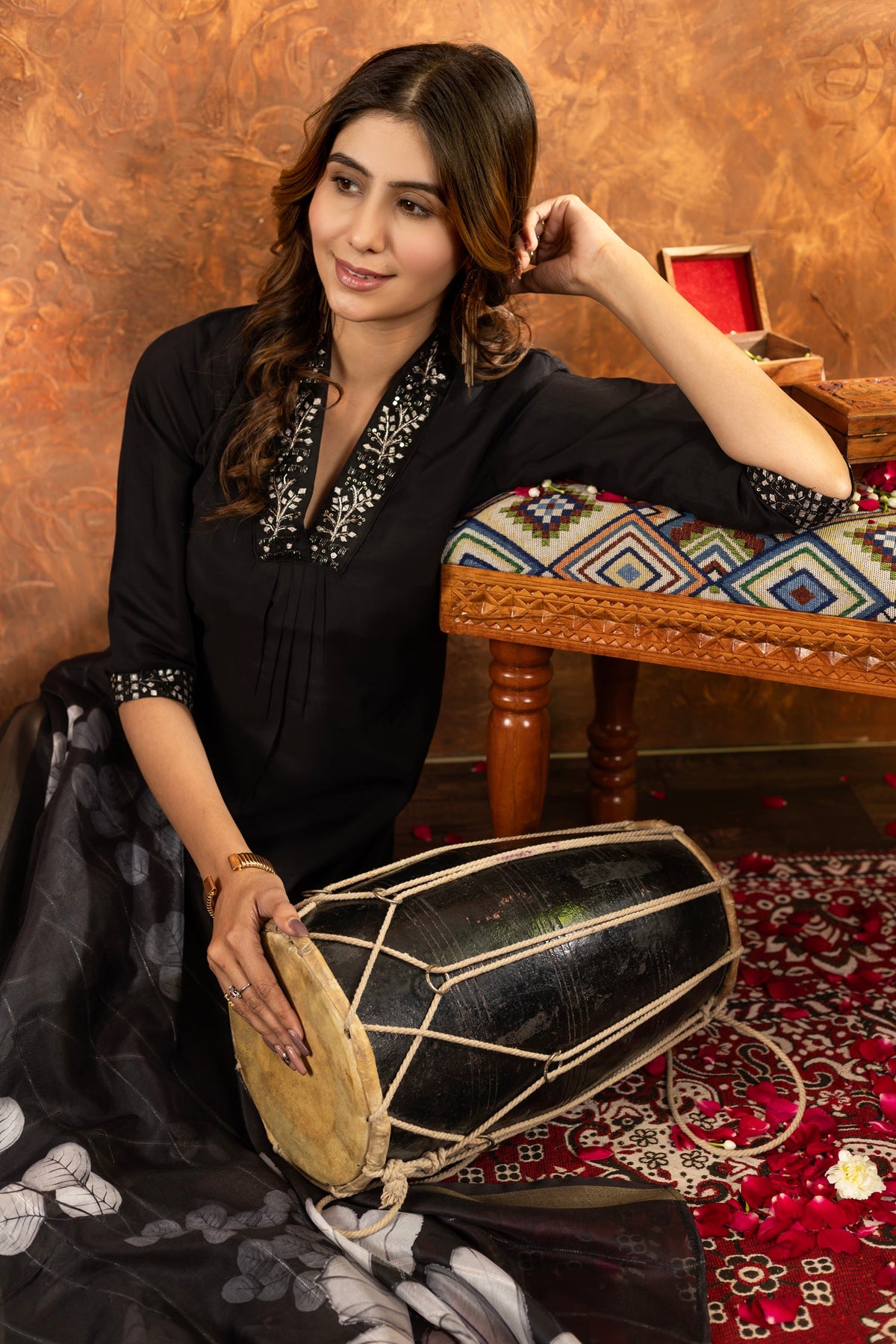 Lorenvalley Fashion Black Roman Silk Embroidery Sequins with Hand work Kurta Pant Dupatta | Grocsy