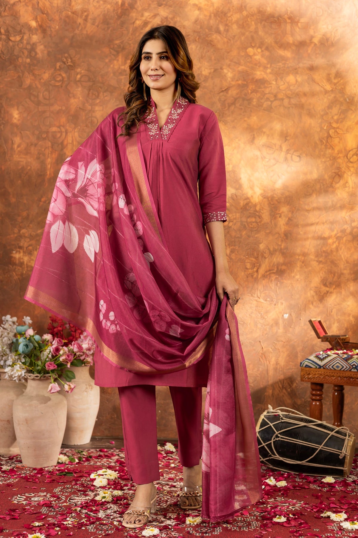 Lorenvalley Fashion Gajari Roman Silk Embroidery Sequins with Hand work Kurta Pant Dupatta | Grocsy
